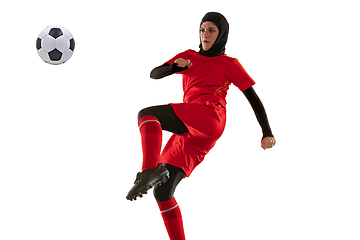 Image showing Arabian female soccer or football player isolated on white studio background