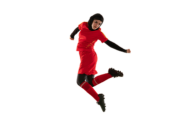 Image showing Arabian female soccer or football player isolated on white studio background