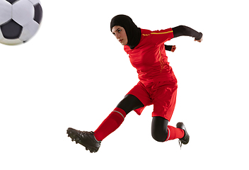 Image showing Arabian female soccer or football player isolated on white studio background