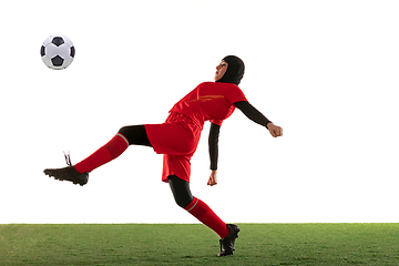 Image showing Arabian female soccer or football player isolated on white studio background