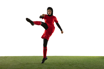 Image showing Arabian female soccer or football player isolated on white studio background