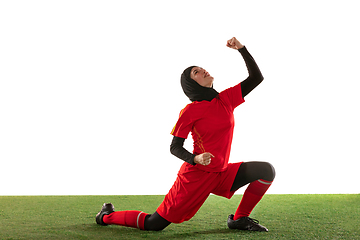 Image showing Arabian female soccer or football player isolated on white studio background