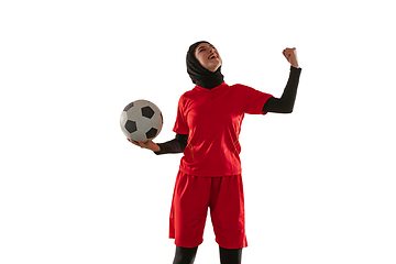 Image showing Arabian female soccer or football player isolated on white studio background