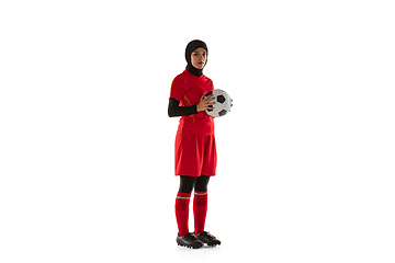 Image showing Arabian female soccer or football player isolated on white studio background