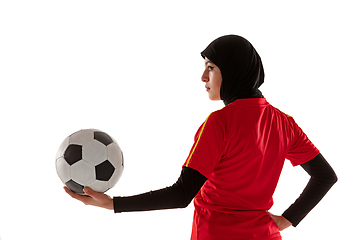 Image showing Arabian female soccer or football player isolated on white studio background