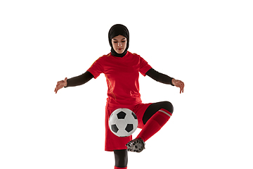 Image showing Arabian female soccer or football player isolated on white studio background