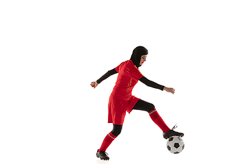 Image showing Arabian female soccer or football player isolated on white studio background