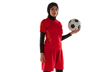 Image showing Arabian female soccer or football player isolated on white studio background