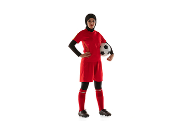 Image showing Arabian female soccer or football player isolated on white studio background