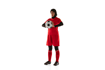 Image showing Arabian female soccer or football player isolated on white studio background