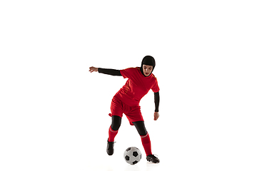 Image showing Arabian female soccer or football player isolated on white studio background