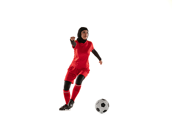 Image showing Arabian female soccer or football player isolated on white studio background