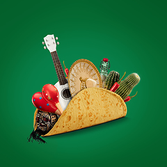 Image showing Fresh and tasty taco filled with Sombrero, Ukulele, Maracas, cactus, drink on green background.