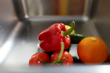 Image showing close up of fruits and vegetables in kitchen sink