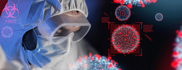 Image showing close up of scientist and coronavirus hologram