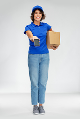 Image showing delivery woman with smartphone and parcel box