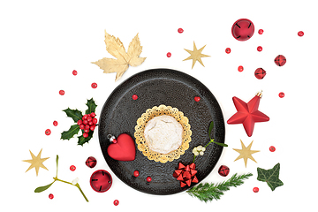 Image showing Christmas Mince Pie with Winter Greenery and Baubles   