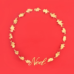 Image showing Wreath with Gold Noel Sign and Holly Leaves