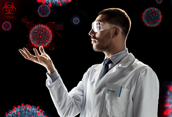 Image showing scientist with coronavirus virtual projection