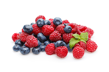 Image showing blueberry and raspberry berries isolated on white background