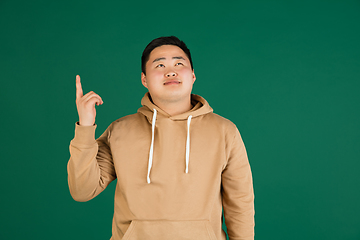 Image showing Asian man\'s portrait isolated over green studio background with copyspace