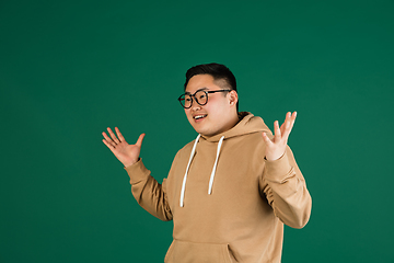 Image showing Asian man\'s portrait isolated over green studio background with copyspace