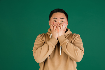 Image showing Asian man\'s portrait isolated over green studio background with copyspace