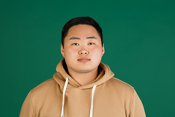 Image showing Asian man\'s portrait isolated over green studio background with copyspace