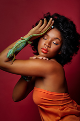 Image showing beautiful woman holding chameleon