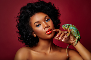 Image showing beautiful woman holding chameleon