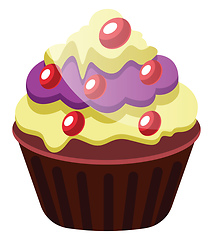 Image showing Chocolate cupcake with yellow and purple icingsillustration vect