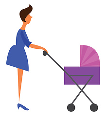 Image showing A mommy pushing baby cart is dressed in a beautiful blue gown ve