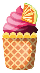 Image showing Purple and yellow cupcake with fruit decorationillustration vect