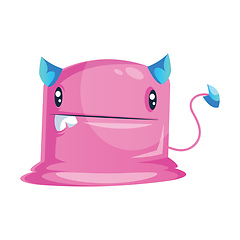 Image showing Pink cartoon monster with blue horns and tail vector illustratio