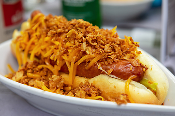 Image showing Homemade hot dog with Cheddar cheese and onions