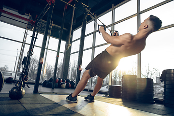 Image showing The male athlete training hard in the gym. Fitness and healthy life concept.