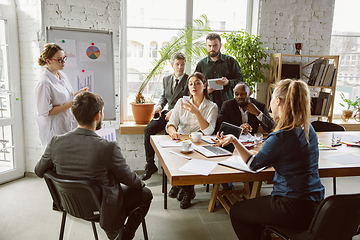 Image showing Group of young business professionals having a meeting, creative office