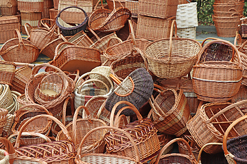 Image showing Bunch of various empty wicker wooden baskets