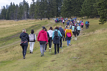 Image showing Big group of people walking by hiking trail