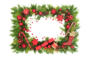 Image showing Christmas Background with Baubles Greenery and Holly Berries 