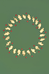 Image showing Holly Berry and Gold Leaf Wreath for Christmas