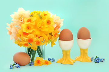 Image showing Symbols of Spring with Fresh Eggs for Breakfast