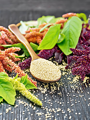 Image showing Amaranth groats in spoon on dark board