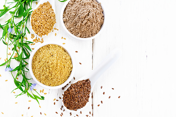 Image showing Bran and flour flaxseed in bowls on light board top