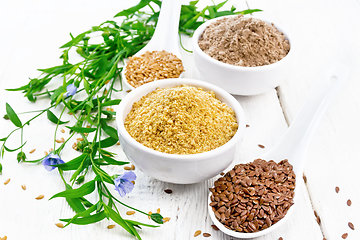 Image showing Bran and flour flaxseed in bowls on white board