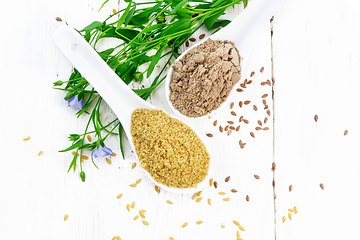 Image showing Bran and flour flaxseed in spoons on board top