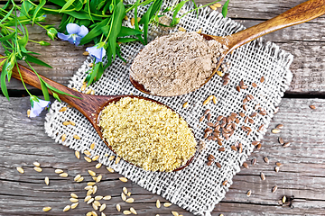 Image showing Bran and flour flaxseed in two spoons on board top