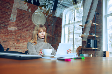 Image showing Beautiful caucasian business lady working in office with laptop