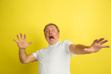 Image showing Caucasian senior man\'s portrait isolated on yellow studio background