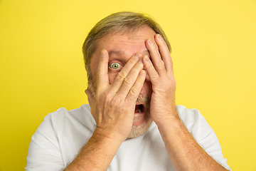 Image showing Caucasian senior man\'s portrait isolated on yellow studio background